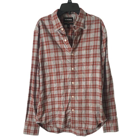 BONOBOS Gray + Red Plaid Button-Up Long Sleeve Men’s Flannel Shirt Size Medium - Picture 1 of 7
